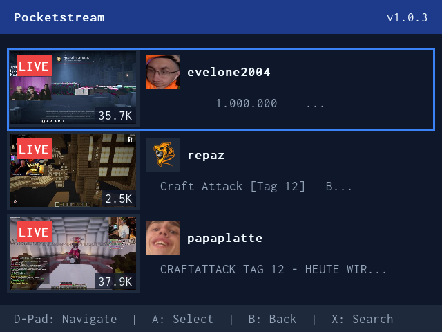 Pocketstream Main Screen